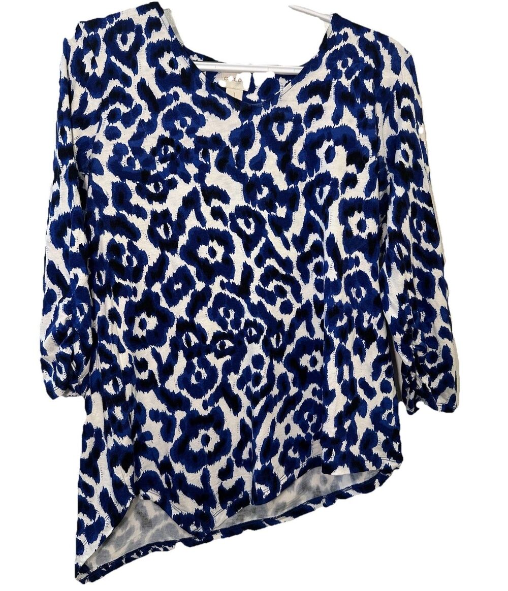 Chico’s Asymmetrical Hem Abstract Print Top Blue White Women’s Medium